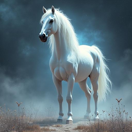 A white horse inspired by the first seal of the Apocalypse in a holofractal style