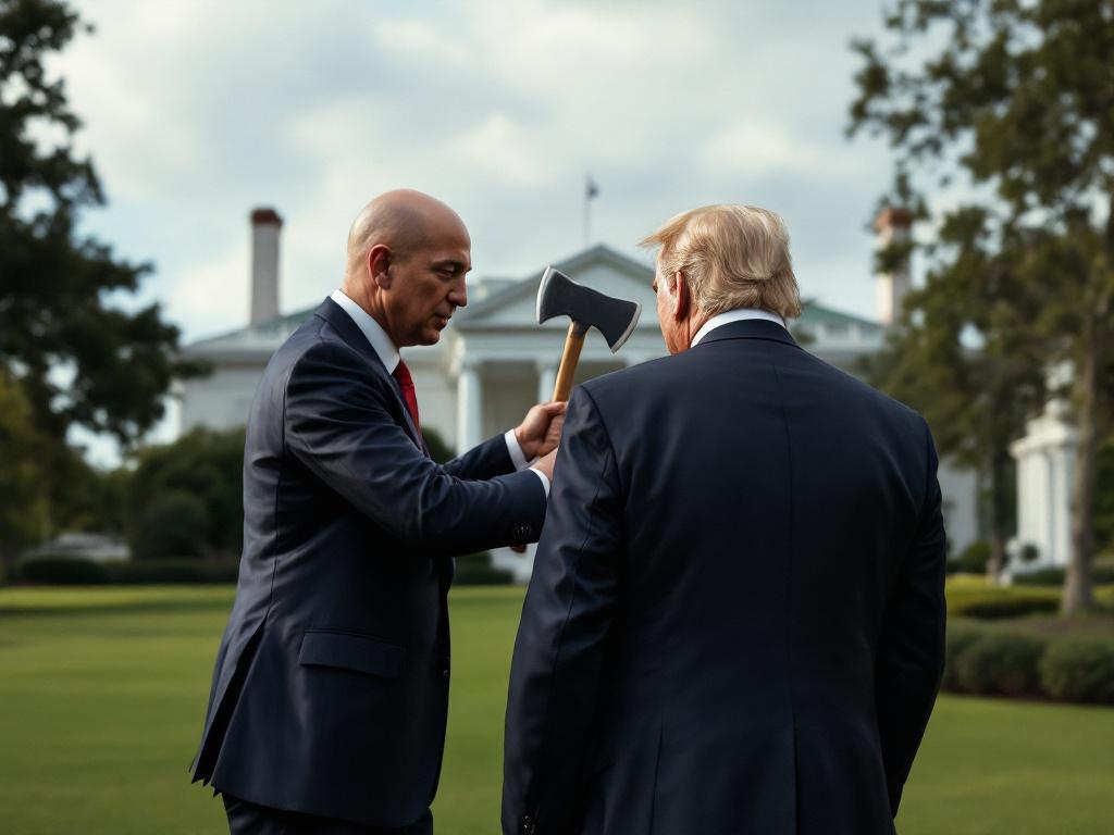 Picture of Jeff Bezos with an axe behind Donald Trump on the lawn of Mar-a-Lago in Florida