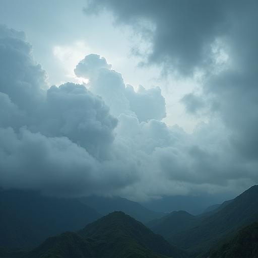 Dramatic clouds loom over a lush green mountainous landscape. A soft light breaks through showing the depth of the valley below. The scene evokes tranquility and majesty of nature.