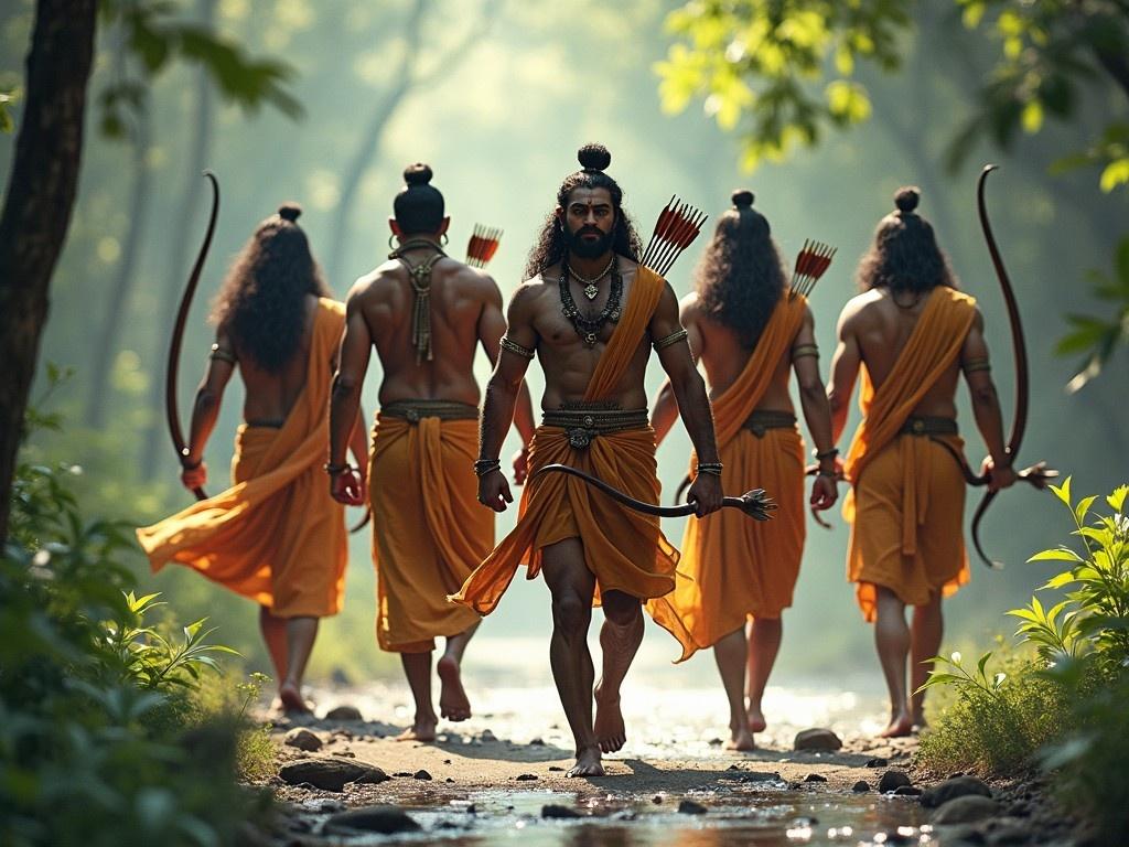 This image depicts five warriors from Hindu mythology walking through a lush green forest. They wear traditional attire, with each adorned in orange-colored clothing, resembling Lord Rama. Each warrior carries a bow and arrows, showcasing strength and determination. The serene setting includes a riverbank, where soft sunlight filters through the trees, enhancing the tranquil atmosphere. The image captures the essence of bravery and mythological significance.