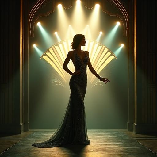 Glamorous woman in a beaded flapper dress on an Art Deco theater stage framed by an ornate fan-shaped backdrop. Spotlights create halo effect behind her as she holds a dramatic pose. The style is a mix of fashion illustration and glamour poster aesthetics. The scene features black, champagne, emerald, and silver colors. Focus on flapper fashion, fan motifs, spotlight glow, and a dramatic silhouette.