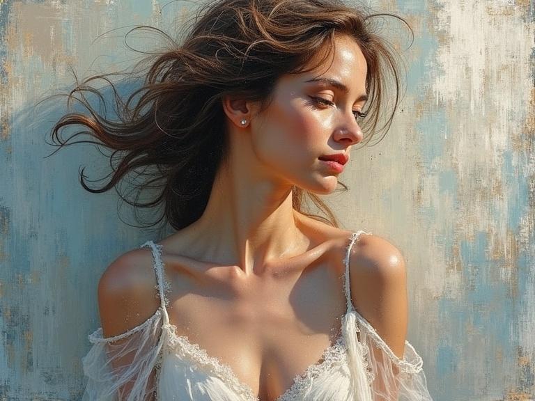 Impressionist painting with textured brushstrokes showcases a woman with flowing hair in a soft, atmospheric style.