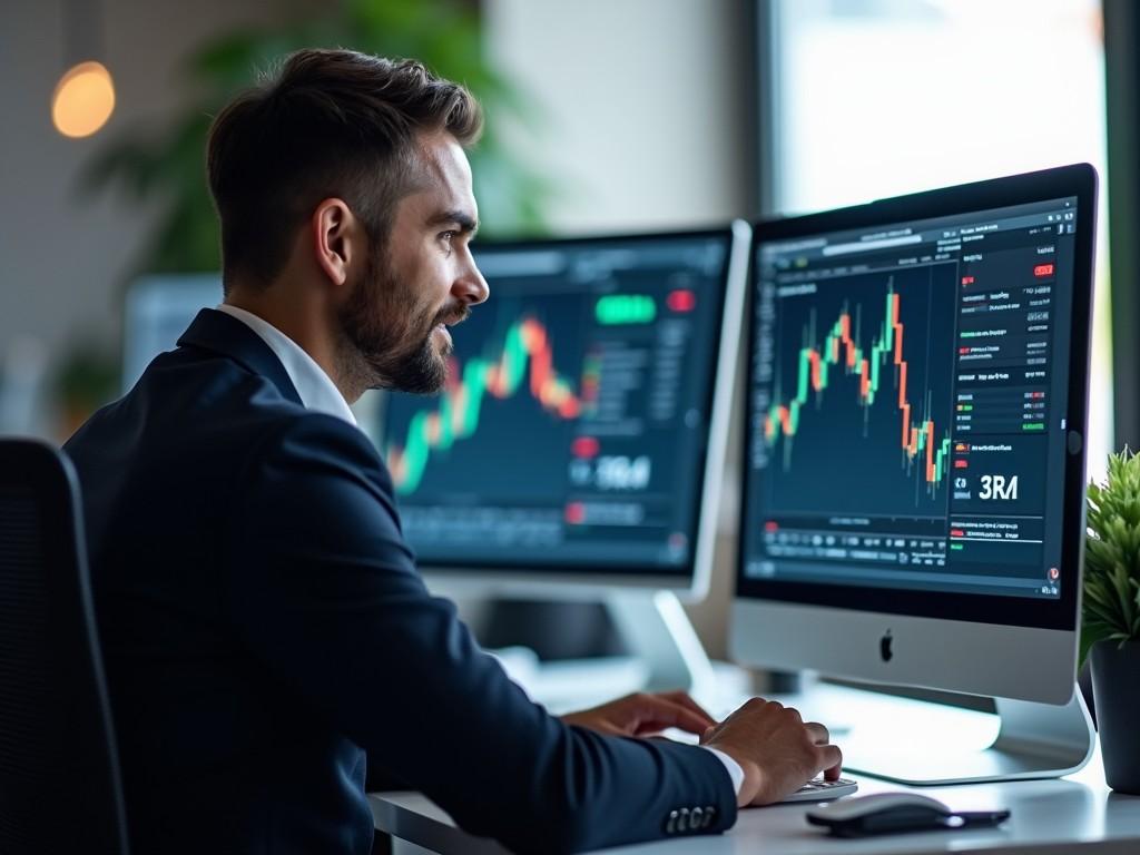 A man in a suit focused on computer screens displaying financial trading charts.