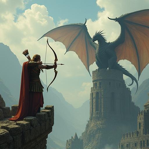 Futuristic fantasy concept art featuring an elven archer firing a magic arrow with a golden longbow at a dragon from the top of a castle tower