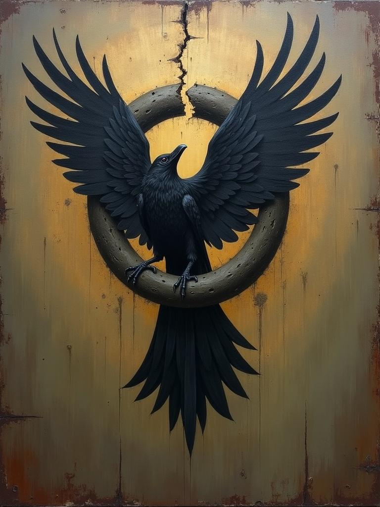 An antique oil painting features a broken ring. A single crack transforms into a descending raven. The raven has large outstretched wings. The background has a warm golden tone with rustic textures. The overall style is rough yet detailed in presentation.