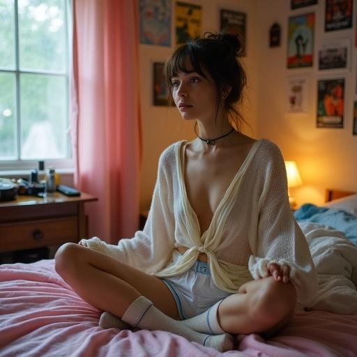 Young woman is sitting cross-legged on a messy queen bed. She has soft pink sheets and a relaxed thoughtful look while calmly looking at the viewer. The outfit includes an oversized light cream camisole with a plunging neckline and a loose-knit cardigan. The room has vintage concert posters and a cozy ambiance.