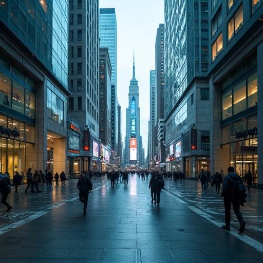 An urban street scene in New York City showing tall buildings and busy pedestrians during the evening. The foreground highlights people walking towards a prominent skyscraper with bright digital billboards.
