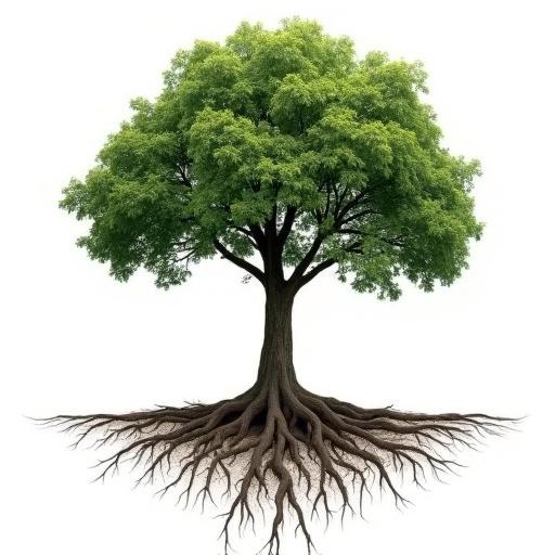 Tree with exposed roots on a white background. Green foliage and brown trunk and roots. Clear and visible details.