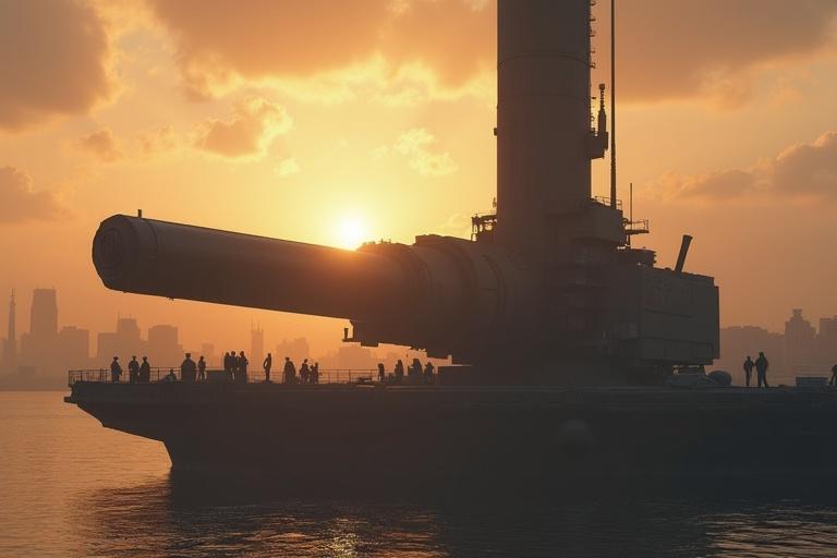 Cinematic scene featuring a silhouette of a large 100 ft cannon on a rotating platform. Cannon appears sleek and metallic, set against a city skyline across a river at sunset with clouds and atmospheric fog. Small figures are present to provide scale.