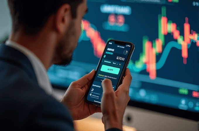 A person looking at a smartphone showing a trading app with charts on a large monitor in the background.