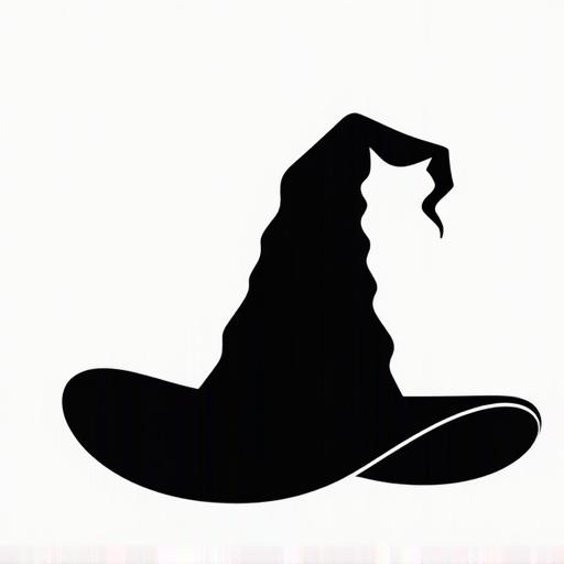 Silhouette of a witch hat in black color against a white background. The hat has a pointed tip and a curled edge on one side. The design is simple and clean, suitable for various graphic uses.