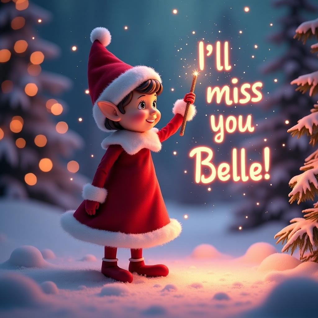 Enchanting Christmas scene with female elf. Elf is in red and white. Elf uses magic wand, writing I’ll miss you Belle! in glowing letters. Backdrop features vibrant northern lights. Scene has pink tones, festive atmosphere, whimsical holiday twist. Elf embodies joy and wonder of holiday season.