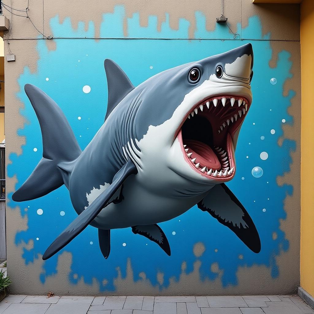 3D graffiti of a shark emerging from concrete surface. Bright blue background emphasizes the shark's features. Creative street art design.