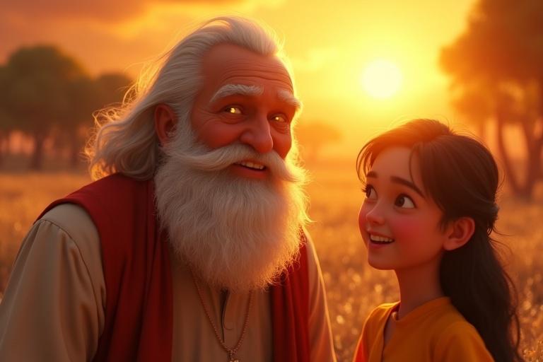 Tender 4K ultra-HD 3D close-up of Grandpa with a white beard in a kurta with an enigmatic smile. Eyes twinkling under intense sunset light. Beside him, a curious Tapu in a red shirt and a giggling Mita in a yellow dress. Radiant dust particles gleam in the background.