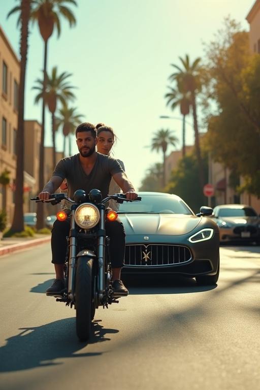Sleek car on a sunny street. Motorcycle riders in worn clothes. Bright outdoor scene. Realistic photo style.
