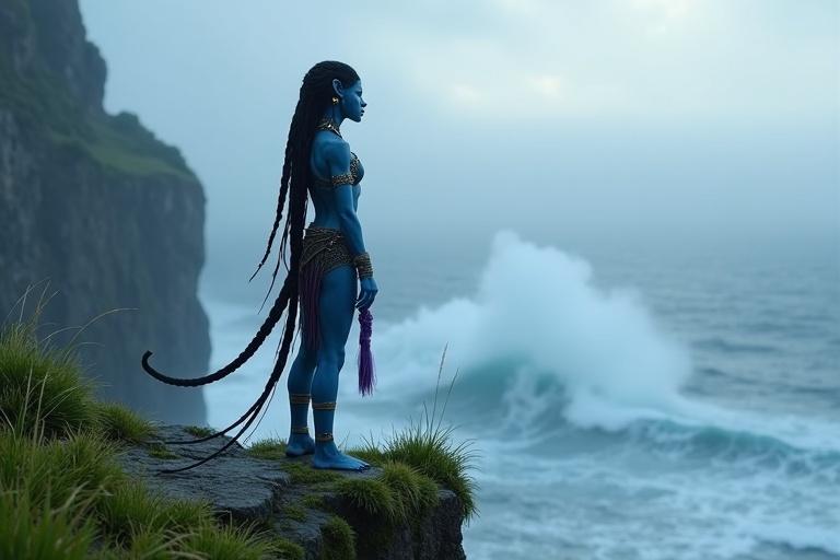 Kaari stands on mossy cliff at dawn overlooking misty ocean. Eyes scan horizon. Waves crash below reflecting calm determination. Bioluminescent plants pulse behind her.