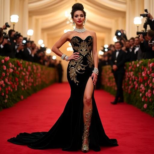 Glamorous woman poses confidently on red carpet at high-profile gala. Surrounded by photographers with flashing cameras. She wears strapless black gown with gold embroidery and thigh-high slit revealing boots. The gown has sweeping train. Her hair styled in sleek updo. Accessories include pearl necklaces, statement earrings, and diamond bracelets. Makeup features smokey eyes and deep red lips. Setting includes rose arrangements and warm lighting under cream-draped ceiling. Sharp, realistic image with fashion editorial feel.