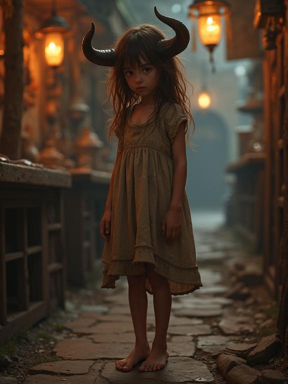 Photorealistic image with a high fantasy aesthetic. Features a cute teenage girl with messy brown hair and small horns. Light violet skin and dark red eyes. Dressed in a tattered tavern dress, barefoot, looking down. Standing in a run down tavern, illuminated by dim torchlight.