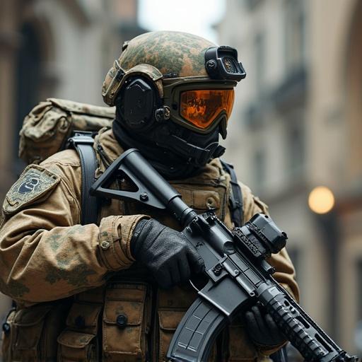 Falcon depicted as a marine in tactical gear carrying rifles in an urban environment.