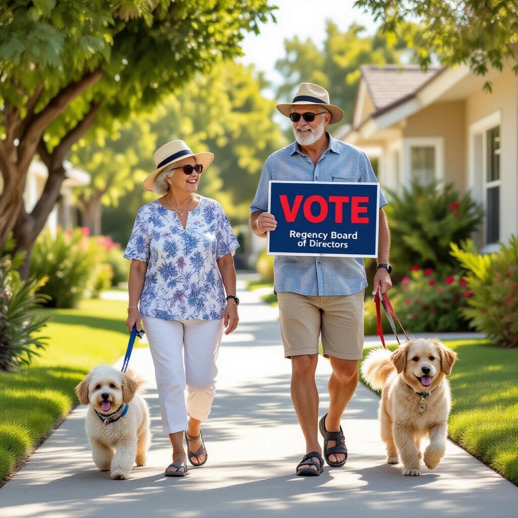 Elderly couple walks in California neighborhood. They wear summer clothes. They carry a sign with Vote in red letters above Regency Board of Directors in white. They walk friendly dogs on leashes.