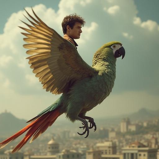 A young man with a striking resemblance to Tom Cruise flies on a large parrot against a dramatic skyline. The parrot has colorful feathers and spreads its wings wide. The scene conveys a sense of adventure and imagination.