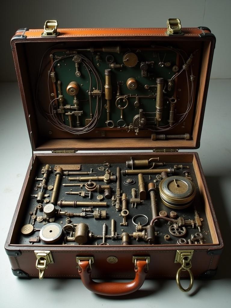 A suitcase opens showing an intricate apparatus. The setup resembles an old-fashioned encryption machine. It contains various keys and wires. The suitcase has a leather exterior. The interior showcases an organized arrangement of mechanical parts.