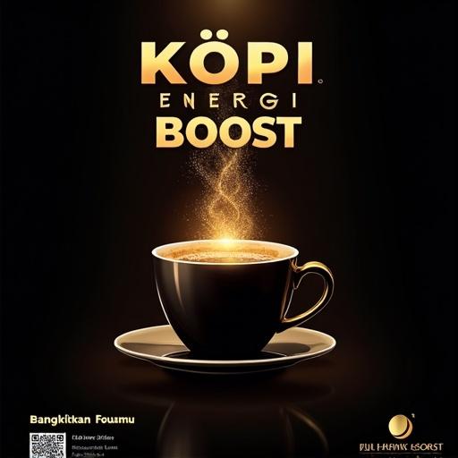 A product launch poster for Kopi Energi Boost. Elegant black background with metallic gold accents and modern typography. Central image is a steaming cup of premium black coffee with glowing energy particles. Slogan states Bangkitkan Fokusmu in bold gold text. QR code and company logo in the bottom corner. Digital design created with Adobe Illustrator and Photoshop.