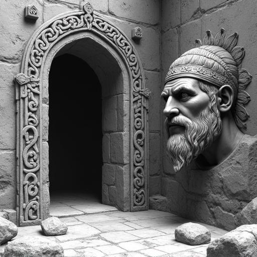 Close-up detail of an ancient ruined temple entrance. Illustration features a carved stone archway with swirling patterns. A colossal stone head of a bearded king is integrated into the wall. Entrance leads into a dark interior. Side lighting creates shadows highlighting textures. Secrets of the past are suggested.