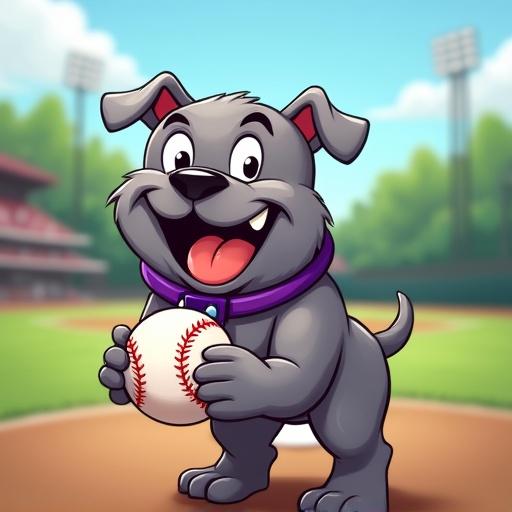 Cheerful cartoon bulldog with a purple collar holding a baseball on a well-maintained ball field.