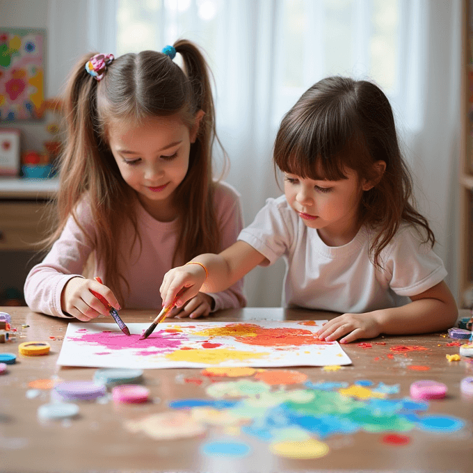 Two young children enthusiastically paint together, surrounded by vibrant colors and art supplies on a sunlit table.