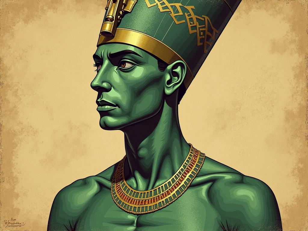 Vintage illustration showcasing a man with Egyptian-style features. Artwork in pencil drawing technique highlights the nose and eyes reminiscent of Ra. Background mimics an ancient manuscript. Man's body exhibits a green gradient with canvas texture.