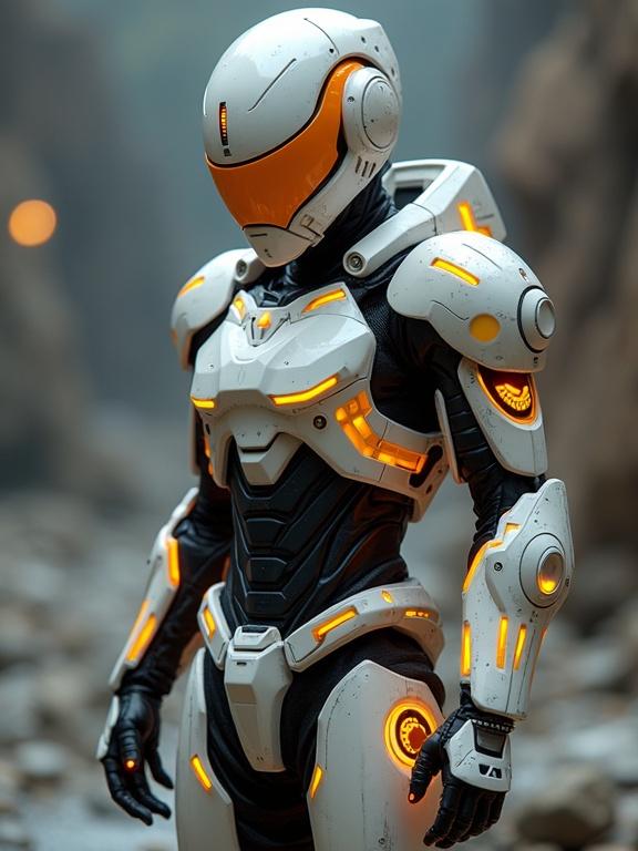 Full body shot of a cyborg ninja wearing sleek armor. Armor is white with orange and yellow lights. Setting is in a rocky environment.