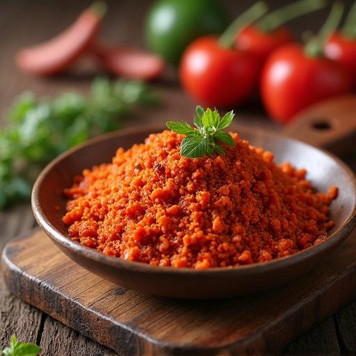 Bowl filled with 500 grams of ají molido on a wooden table surrounded by fresh vegetables like tomatoes and green peppers