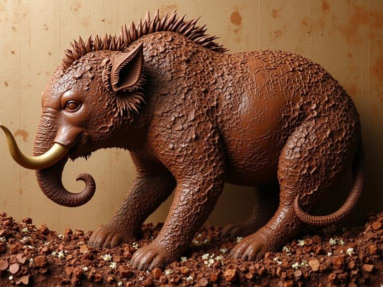 Intricate chocolate sculpture. Detailed creation shows chocolate as a medium for complex art. Multi-layered texture with luminous colors. Emanates depth and surface feel.