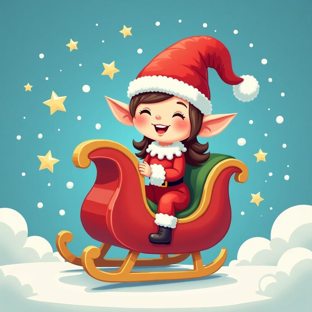 Cheerful elf in holiday attire sits on a whimsical sleigh surrounded by stars against a blue sky with fluffy clouds. Playful scene evokes joy and festivity for the holiday season.