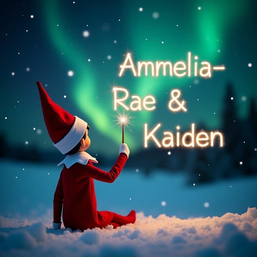 This image showcases an elf on the shelf positioned with its back to the viewer. The elf, dressed in a traditional red outfit, is facing up towards a beautiful dark sky filled with vibrant northern lights. With a magic wand in hand, it is elegantly writing the names Ammelia-Rae and Kaiden in sparkling letters against the backdrop. The snowy ground adds a serene touch to the magical scene. The overall atmosphere is filled with wonder and holiday joy, perfect for capturing the essence of Christmas.