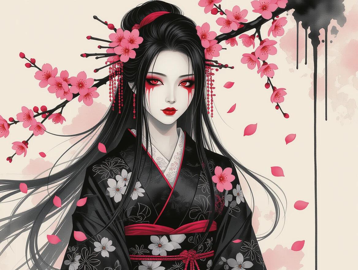 Gothic Japanese woman with long black hair adorned with cherry blossoms. Dramatic red eyeshadow and makeup. Pale porcelain skin with red lips. She wears a dark kimono with patterns. Surrounded by pink sakura flowers and petals. Moody background in soft beige with dripping black ink.