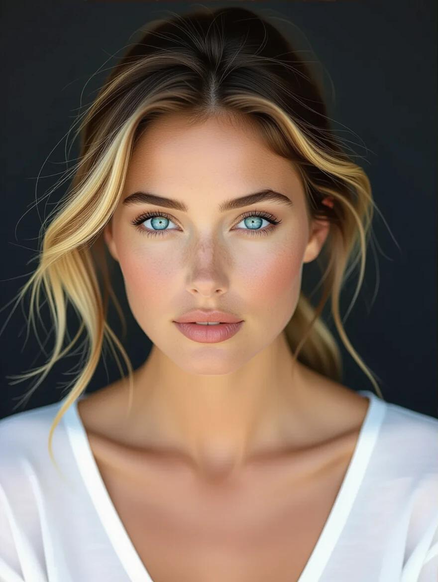 Portrait of a woman with captivating turquoise blue eyes. She leans towards the camera. Dramatic chiaroscuro lighting against a dark background.