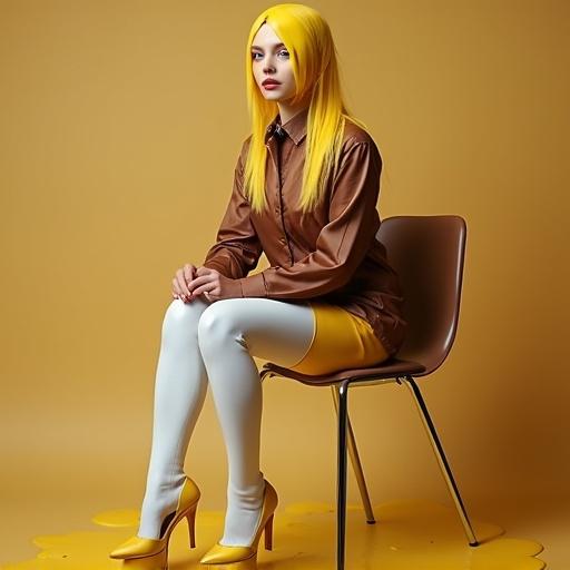 Photo of a woman with yellow long hair sitting on a chair. She wears a brown latex shirt over white latex leggings. Her outfit is stylish with heeled shoes. The background is a solid color. Makeup is minimal.
