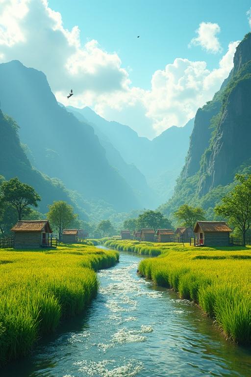 Breathtaking 4K 3D animated scene of a vibrant village. Village at the foot of lush green mountains. Surrounded by rolling emerald fields. Traditional Bengali-style huts with thatched roofs. Colorful wooden fences. Foreground with a serene river sparkling. Bright blue sky and fluffy white clouds. Warm sunlight casts vivid colors across the scene.
