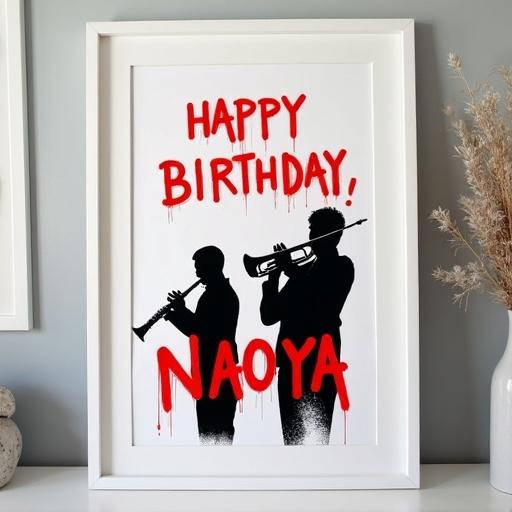 Framed birthday poster with a spray-painted design. Features silhouettes of musicians from a brass band. Text in red stating Happy Birthday Naoya. Art style reminiscent of Banksy.