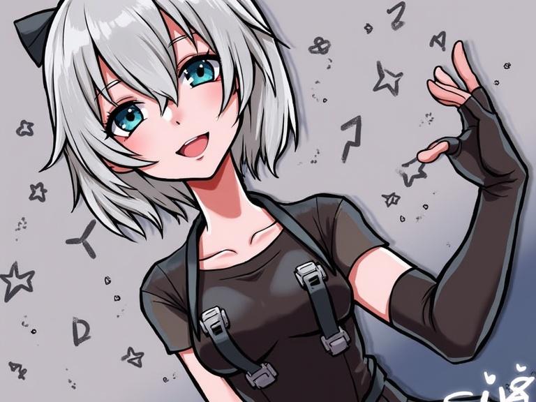 Portrait of a female character in a stylized anime design. Character has short hair with bangs and playful expression. Wearing a black outfit with straps and gloves. Background features stars and simple shapes.