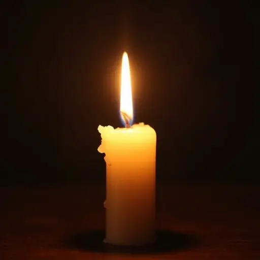 A lit candle with a visible flame melts slightly. Background is dark, highlighting the candle's light. Soft glow illuminates surrounding area.