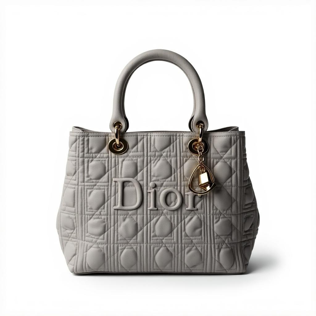 This image features a haute couture Dior bag with a quilted design, prominently displayed against a white background. The bag is made of a unique grey fabric that sparkles with a sandy glitter effect, giving it a luxurious appearance. The iconic 'Dior' branding is embossed on the front, adding to its prestigious allure. The handles are elegantly crafted, complementing the bag's sophisticated design. A small charm hangs from one of the handles, enhancing its luxurious feel, making this bag a statement piece for any fashion enthusiast.