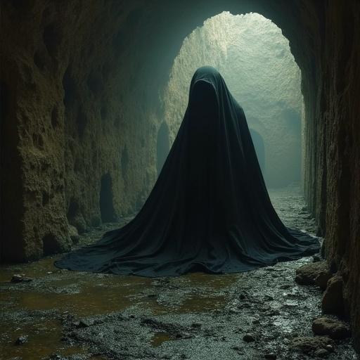 A 15th-century shipwreck survivor with tattered clothing in a surreal and dark style. The scene is set in an ancient underground cellar, featuring decaying stone walls, damp grounds, and rotten barrels. The atmosphere is oppressive and melancholic, evoking existential dread. Include a face worn by fear and hunger with scattered ship wood, stagnant water, and rusty chains. Mimics a low-key photograph shot with a Sony α7 III at f/1.8 in a 16:9 format.