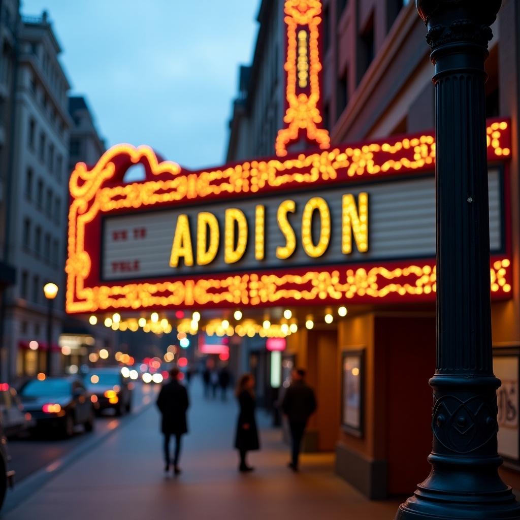 Street sign features 'Addison' and '03/29/2025' on a theater marquee.