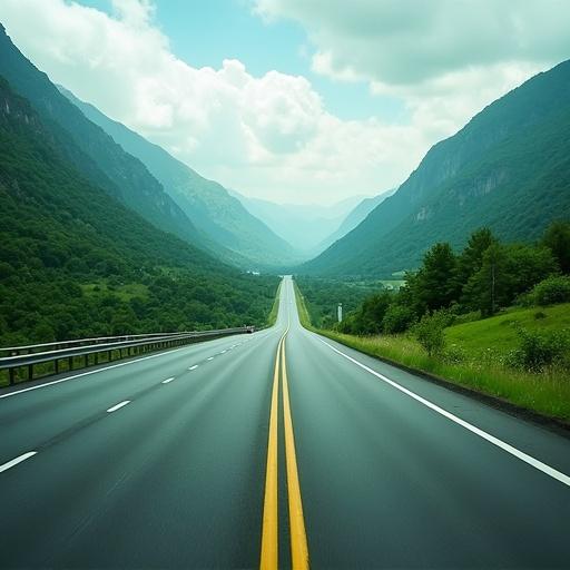 A green valley landscape features a highway in the center. The highway has three lanes and conveys an effect of speed through perspective.