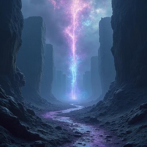 View of a liminal void realm between worlds. Endless abyss stretches in all directions. Fragments of shattered floating architecture drift silently. Glowing rifts and geometric portals flicker in midair. Gravity-defying pathways twist through emptiness. Ethereal lights pulse softly in hues of violet, indigo, and teal. Distant echoes resonate in silence.