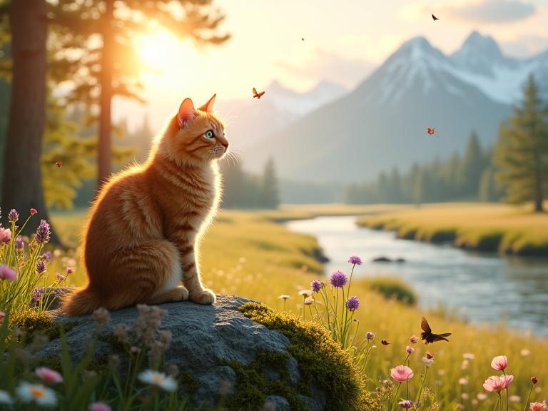 A scenic landscape at golden hour featuring a meadow and a sparkling river. A ginger cat sits on a moss-covered rock gazing into the distance. Background includes snow-capped mountains and wildflowers gently swaying. Sunlight streams through trees, casting shadows. Butterflies and a robin add life to the scene. Ultra-realistic detail and cinematic lighting.