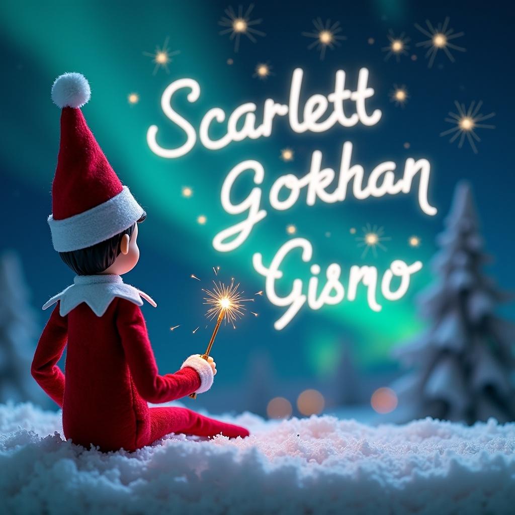 The image features an elf on the shelf, sitting with its back to the viewer, facing a beautiful sky filled with northern lights. The elf is using a magical wand to write names in the sky. The scene is set in a winter wonderland with snow covering the ground and evergreen trees in the background. Above the elf, the names 'Scarlett', 'Gökhan', 'Heidi', 'Jonna', and 'Gismo' are elegantly written in sparkling light. The overall atmosphere is whimsical and festive, embodying the magic of Christmas.